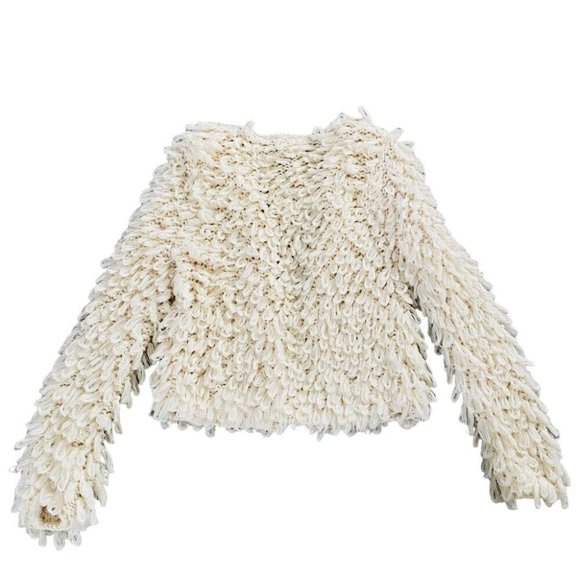 Loopy Knit Cardigan Open Front Shaggy Fringe Sweater Jacket Ivory S - Picture 4 of 10
